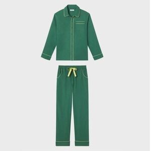 LAKE Medium Green Yellow Trim Long Sleeve Flannel Pajama Set Sleepwear Sz M